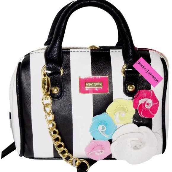 Betsey Johnson Handbags - Betsey Johnson STRIPED SATCHEL 3D FLOWERS